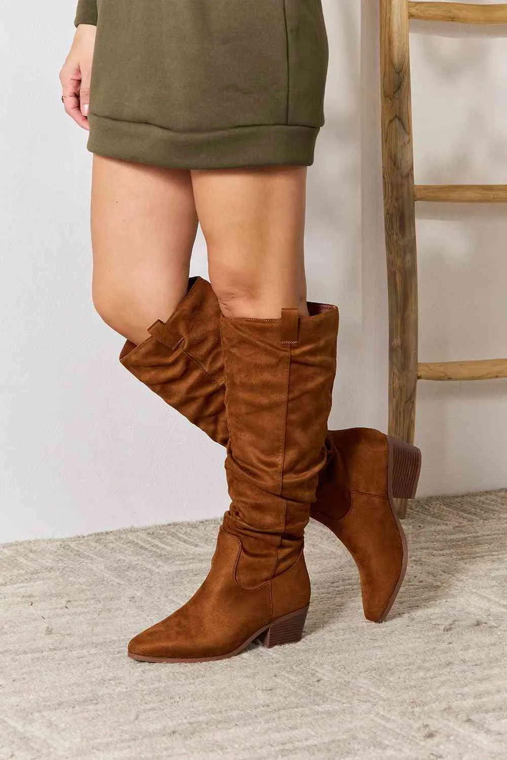 Block Heel Vegan Suede Knee High Boots in Chestnut