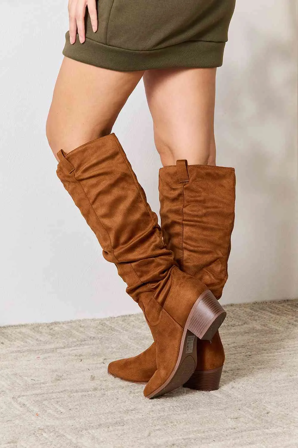 Block Heel Vegan Suede Knee High Boots in Chestnut