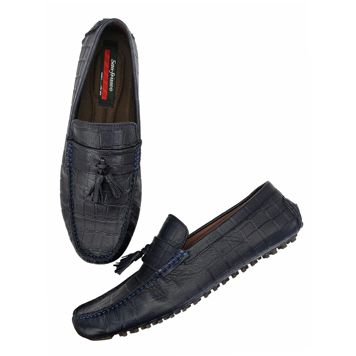 Blue Textured Leather Loafers