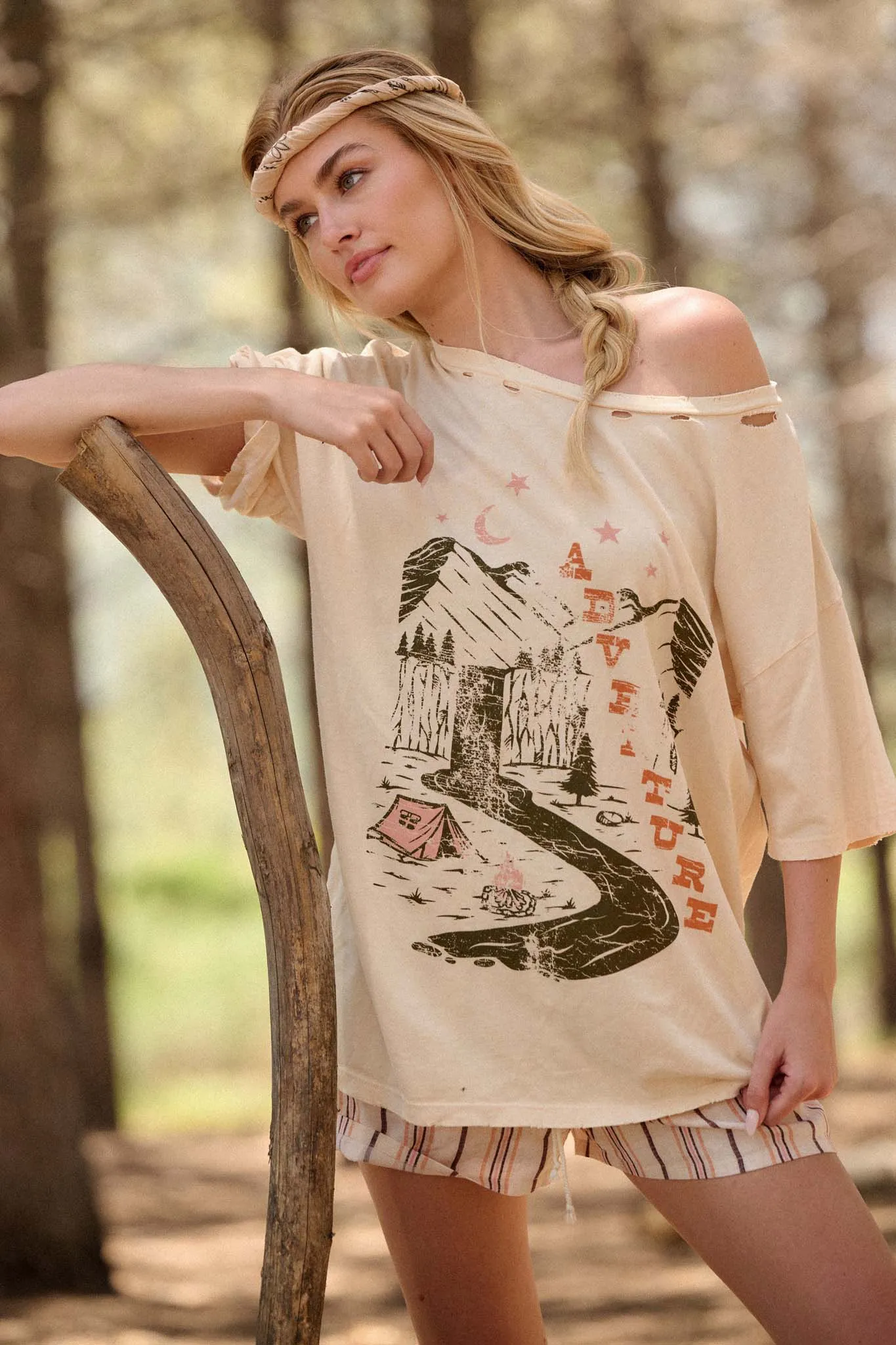 Camping Adventure Distressed Oversize Graphic Tee