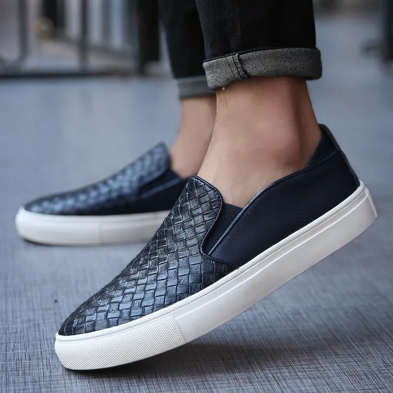 Casual Loafers Male Sneakers Weaving Leather Dress Shoes