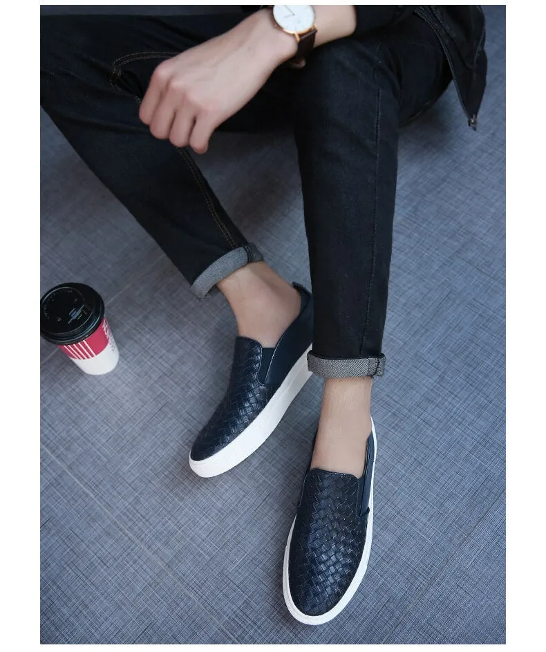 Casual Loafers Male Sneakers Weaving Leather Dress Shoes