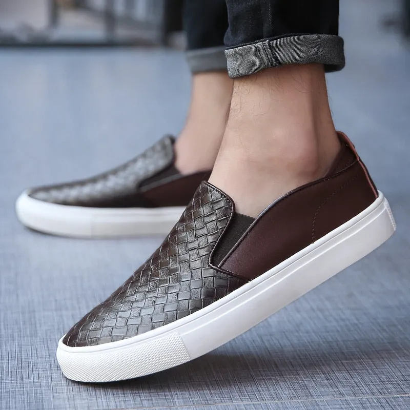 Casual Loafers Male Sneakers Weaving Leather Dress Shoes