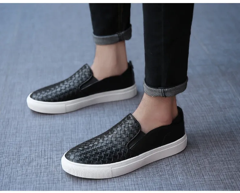 Casual Loafers Male Sneakers Weaving Leather Dress Shoes