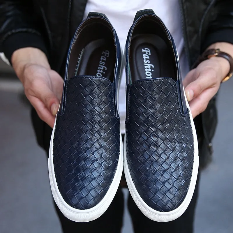 Casual Loafers Male Sneakers Weaving Leather Dress Shoes