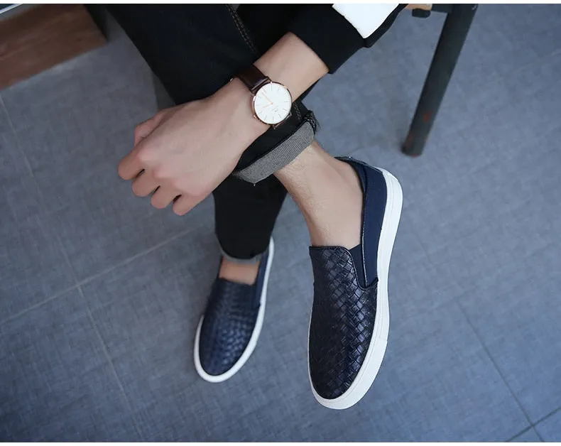 Casual Loafers Male Sneakers Weaving Leather Dress Shoes