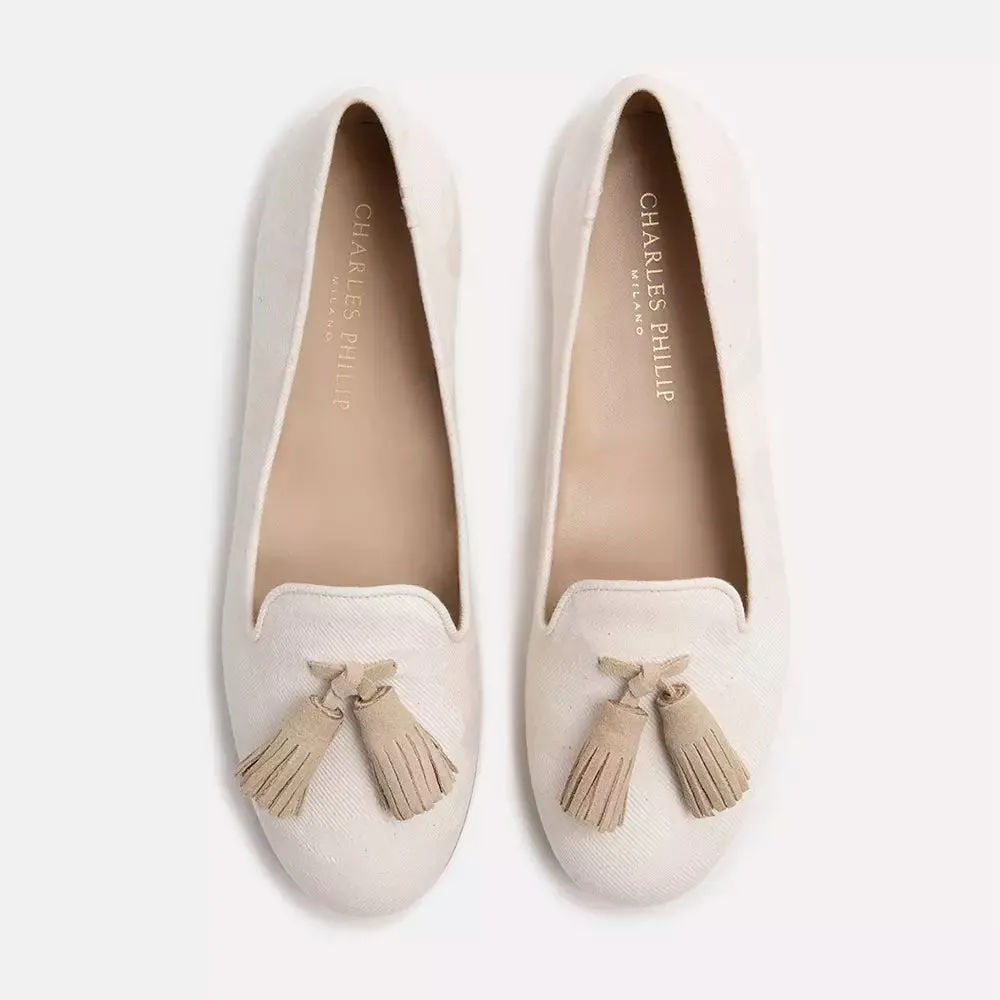 Charles Philip Elegant Beige Silk Tassel Loafers