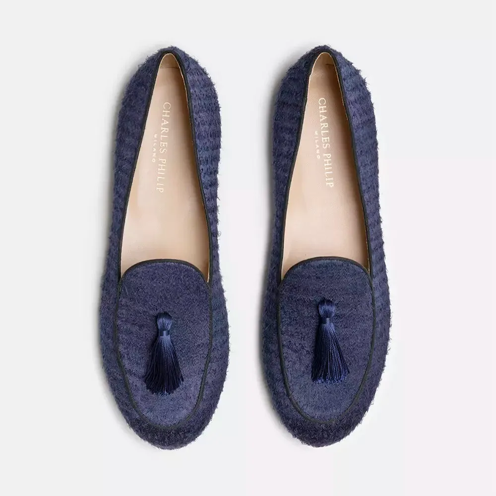 Charles Philip Silk Fabric Tassel Loafers in Erben Blue