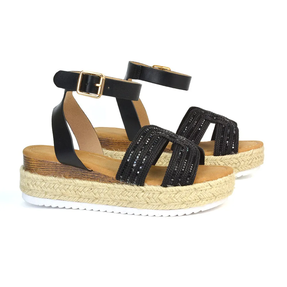 Clara Platform Wedge Heel Sandals Espadrille Diamante Flatforms in Black