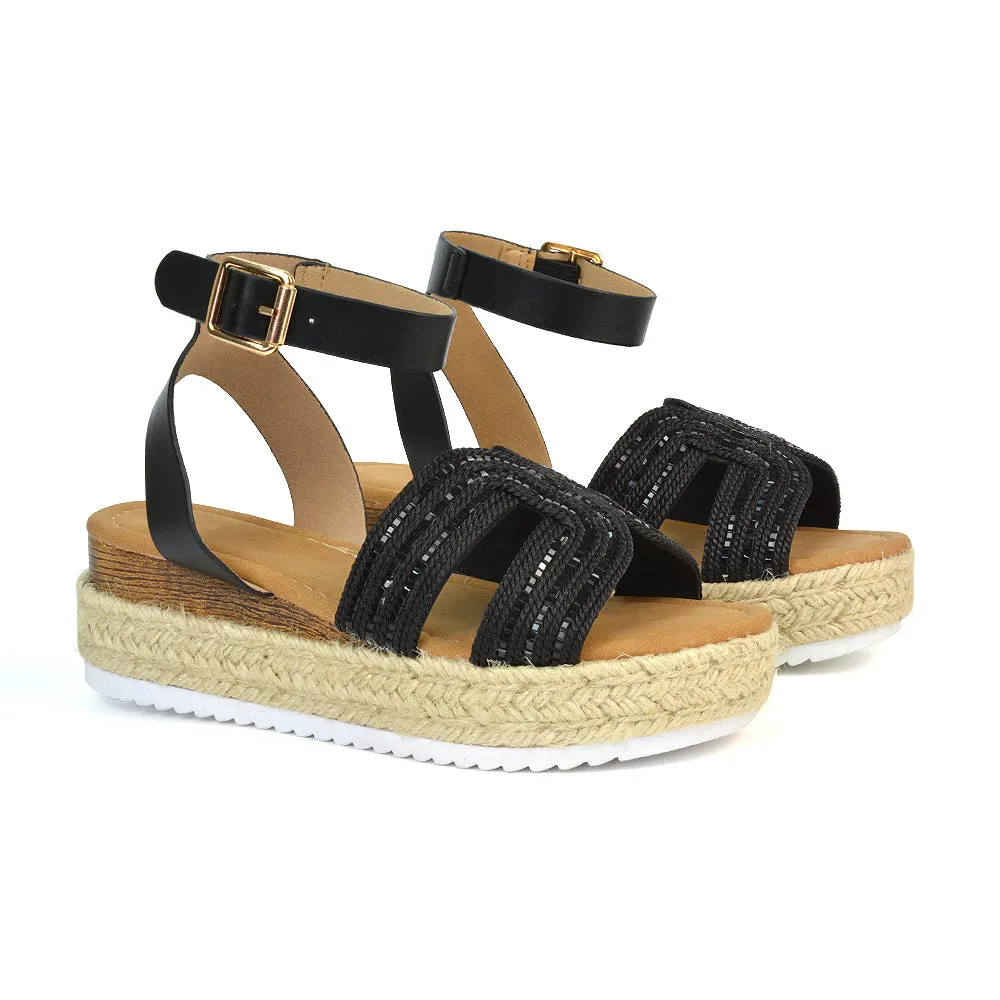 Clara Platform Wedge Heel Sandals Espadrille Diamante Flatforms in Black