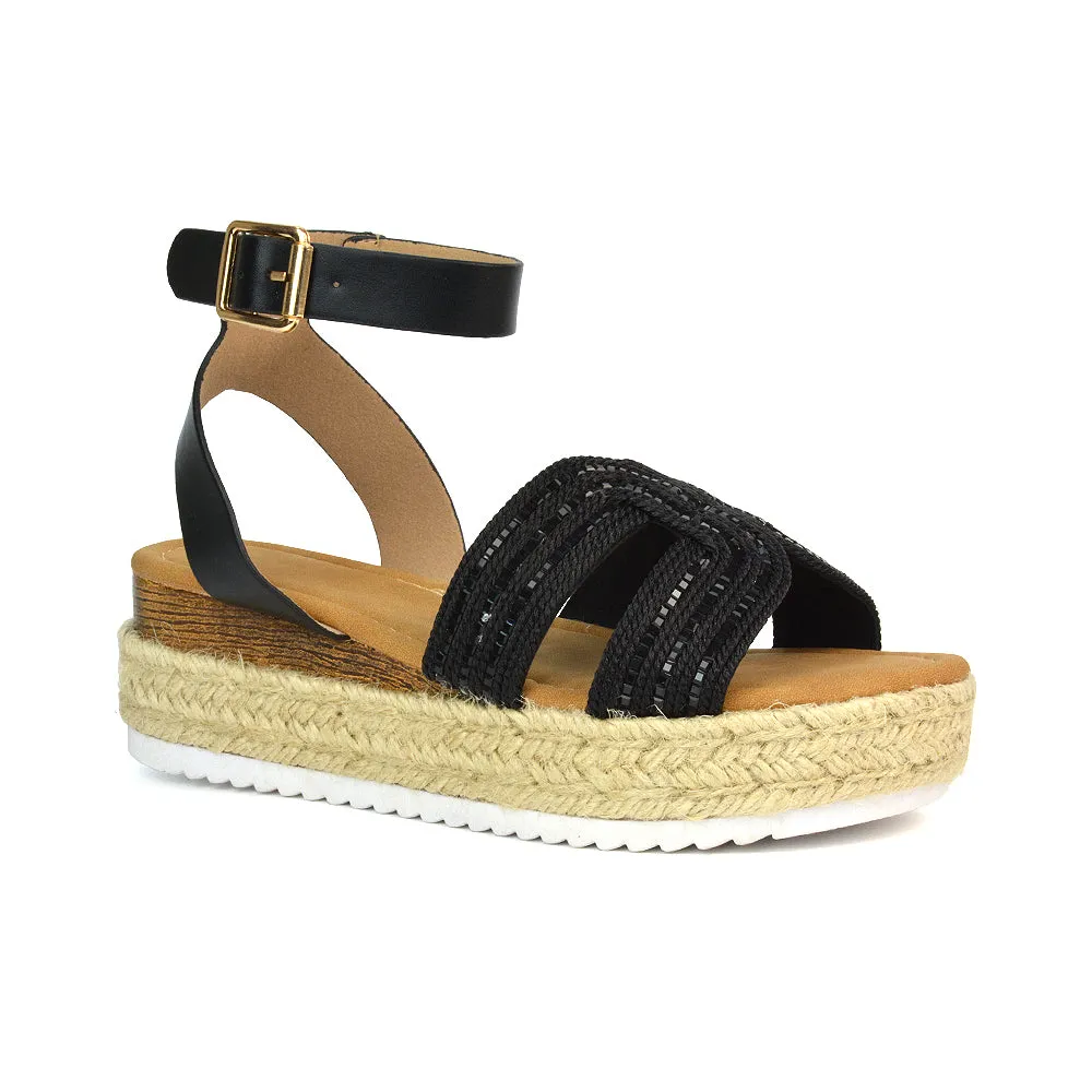 Clara Platform Wedge Heel Sandals Espadrille Diamante Flatforms in Black