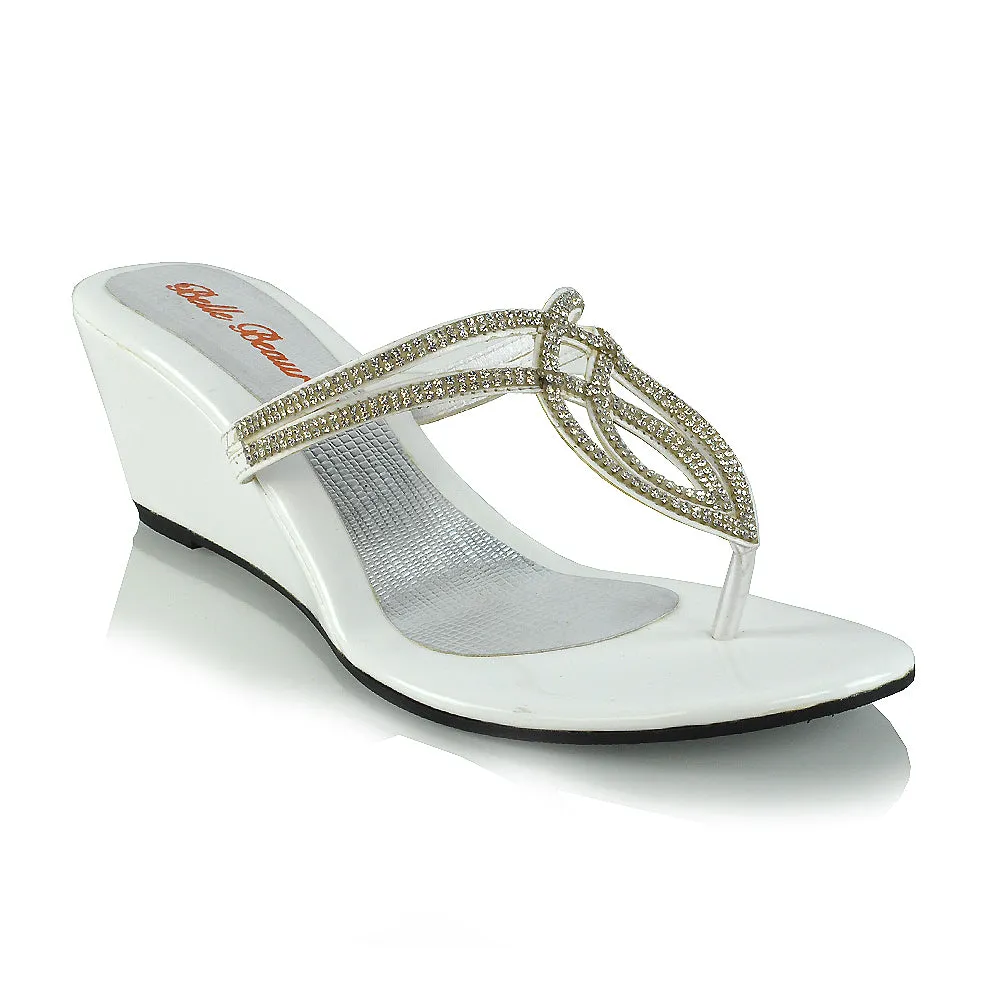 CLARISSA DIAMANTE EMBELLISHED TOE POST DAINTY FRONT STRAP WEDGE SANDALS HEELS IN WHITE