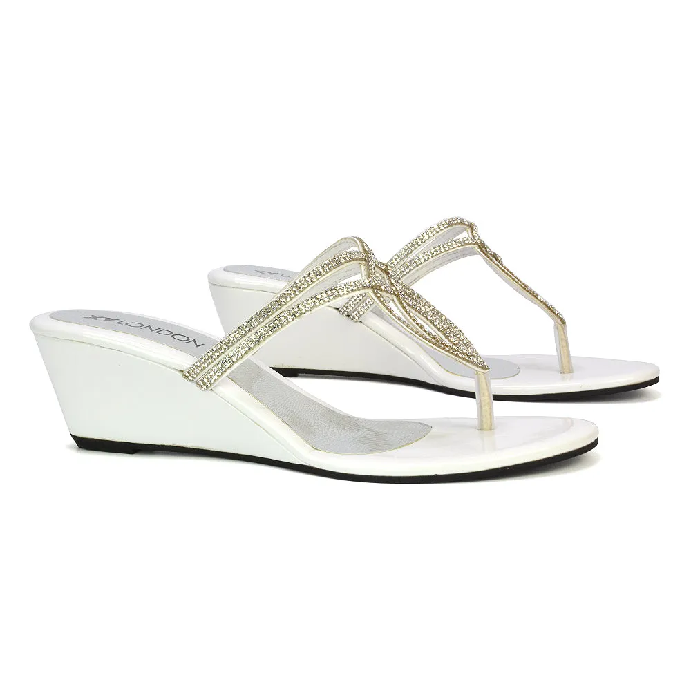 CLARISSA DIAMANTE EMBELLISHED TOE POST DAINTY FRONT STRAP WEDGE SANDALS HEELS IN WHITE