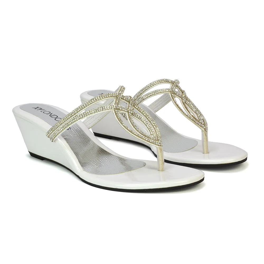 CLARISSA DIAMANTE EMBELLISHED TOE POST DAINTY FRONT STRAP WEDGE SANDALS HEELS IN WHITE