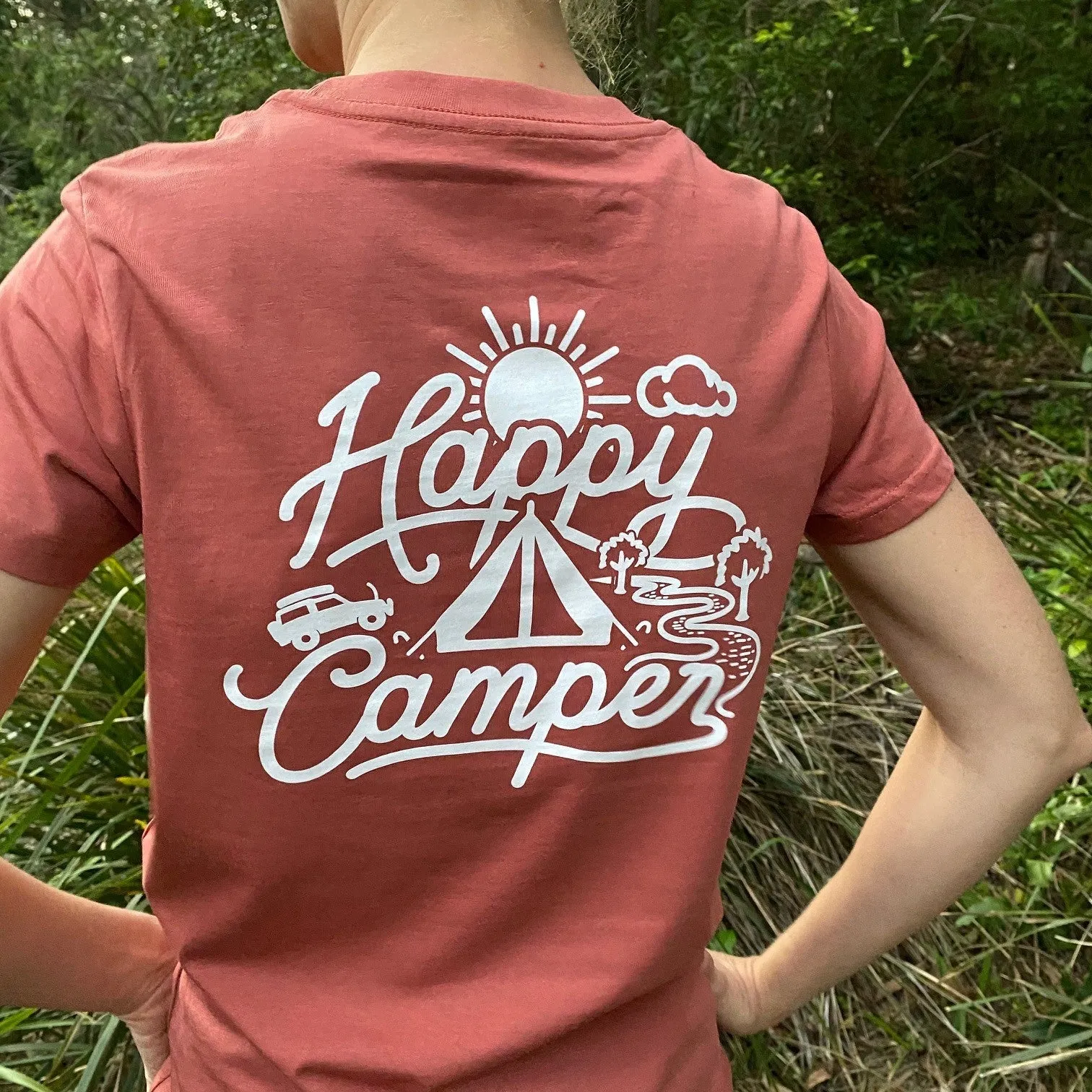 Crew Tee Graphic Print Happy Camper Ladies Coral