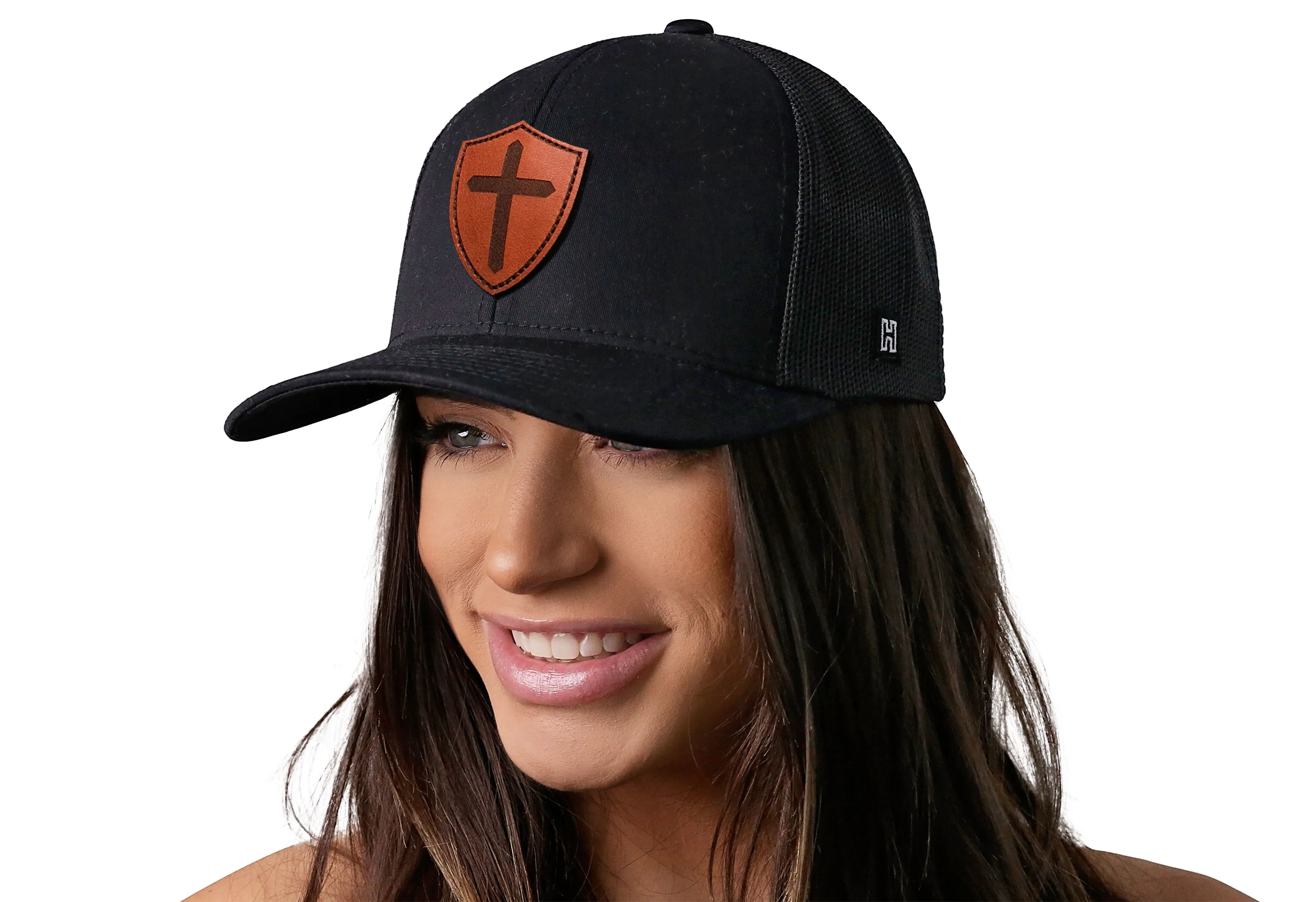 Cross Trucker Hat Shield Leather  |  Black Christian Snapback