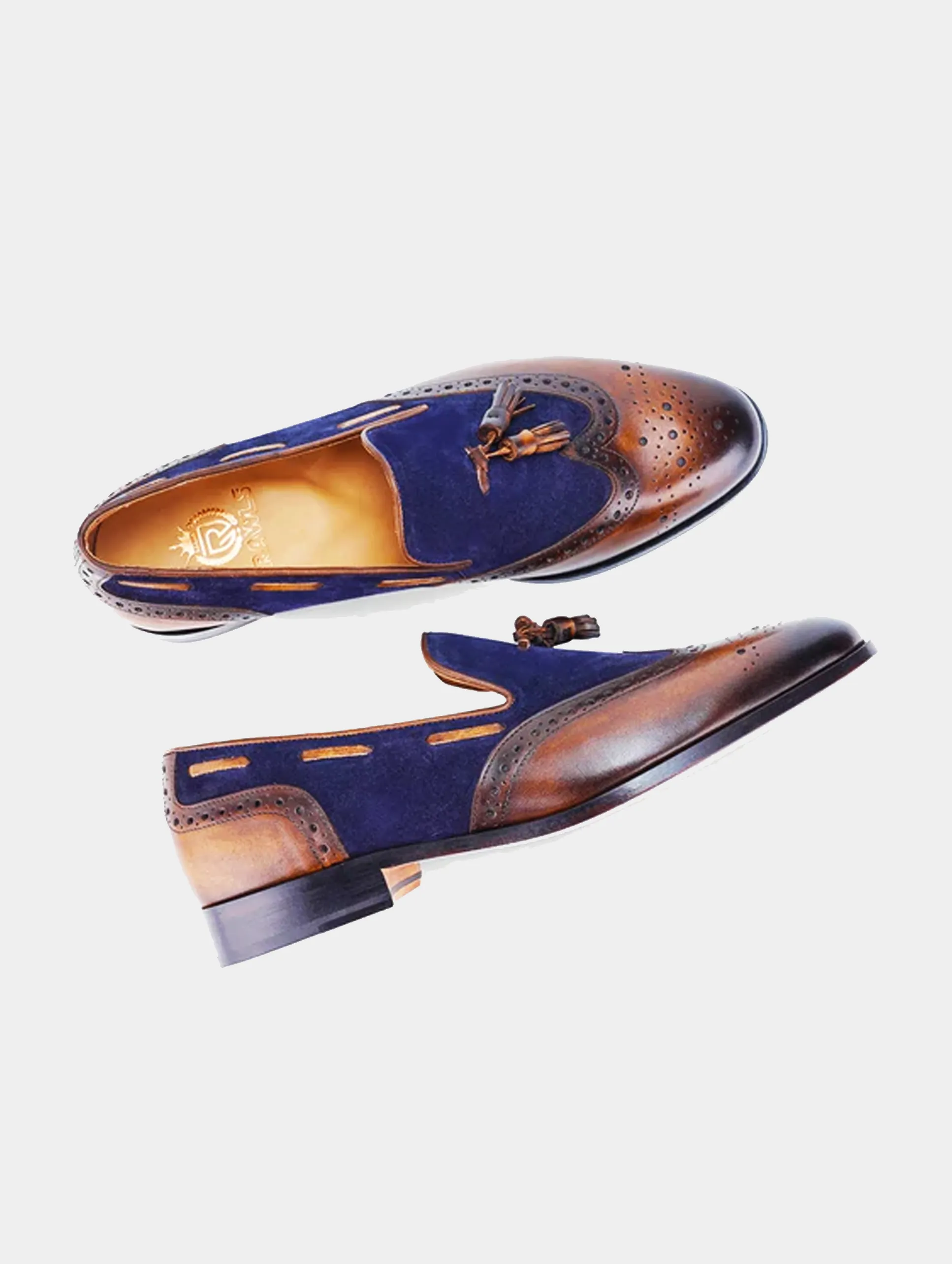 Declan Wingtip Tassel Loafer - Tan/Blue with Patina