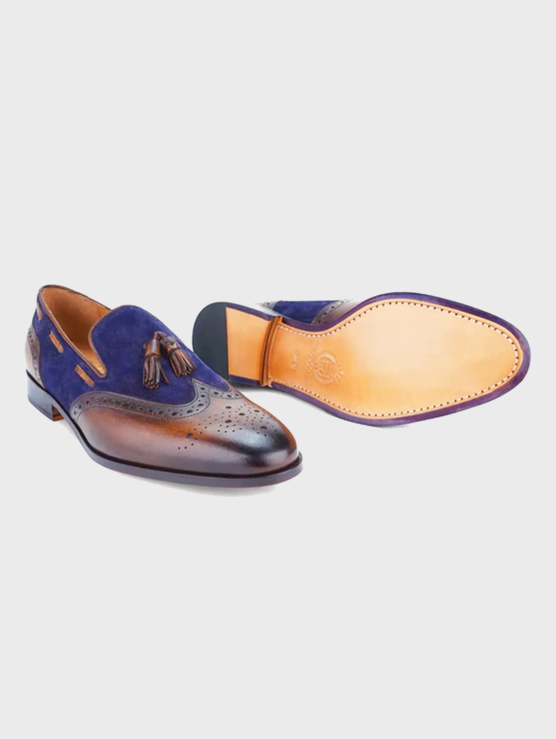 Declan Wingtip Tassel Loafer - Tan/Blue with Patina