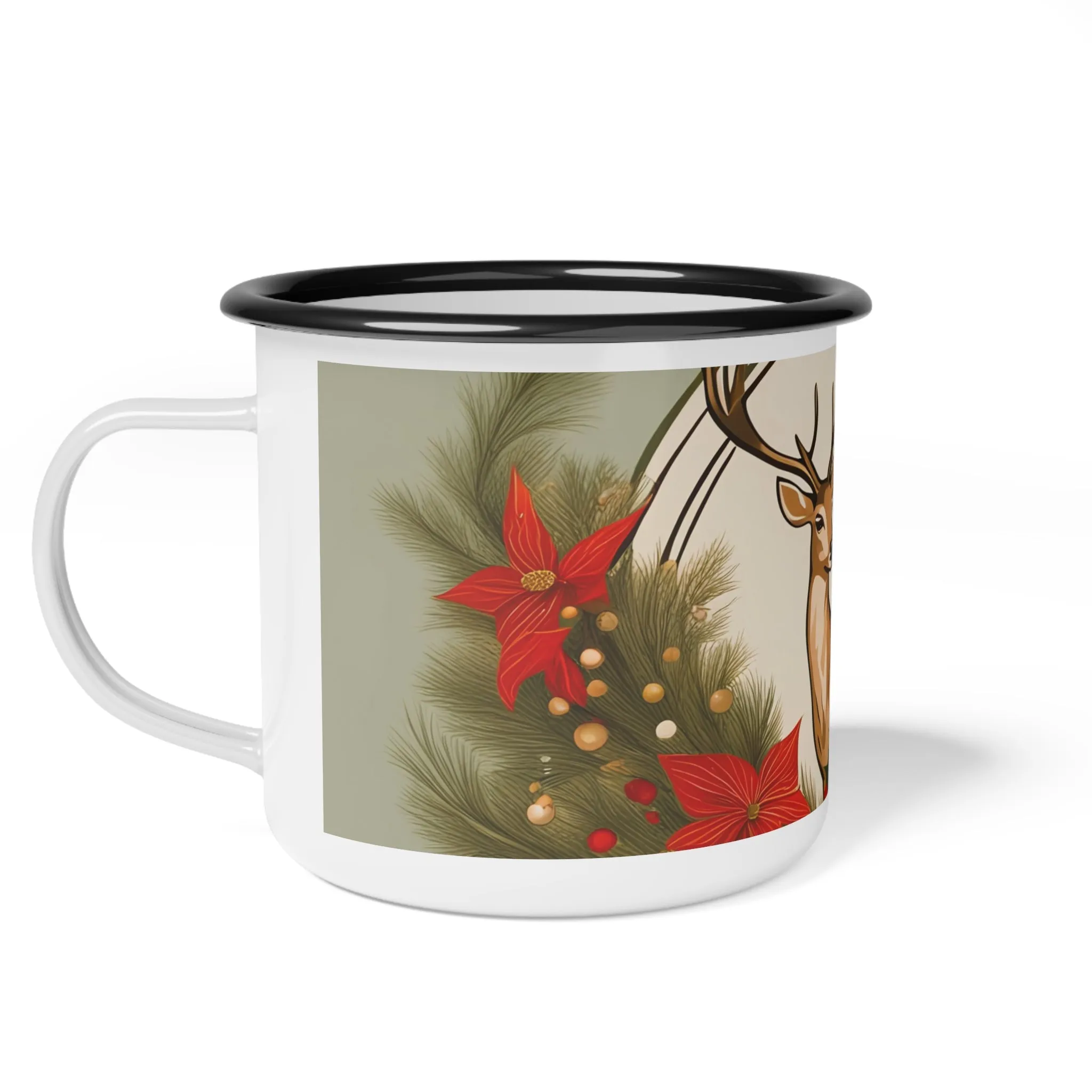 Deer with Evergreen Foliage, Enamel Camping Mug for Coffee, Tea, Cocoa, or Cereal - 12oz