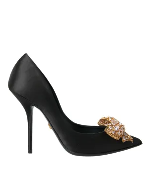 Dolce & Gabbana Black Satin Bow Crystal Heels Pumps Shoes