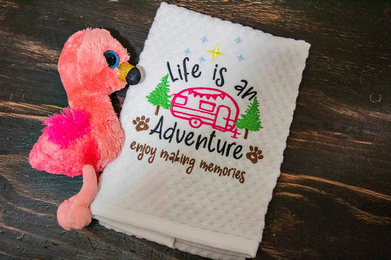 Embroidered Camp Kitchen Hand Towel - Life is an Adventure Enjoy making memories with Vintage Trailer Kitchen Hand Towel