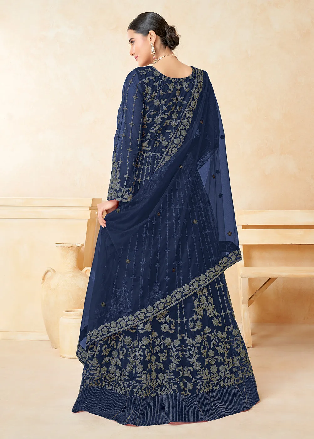 Excellent Dark Blue Net Wedding Wear Anarkali Dress