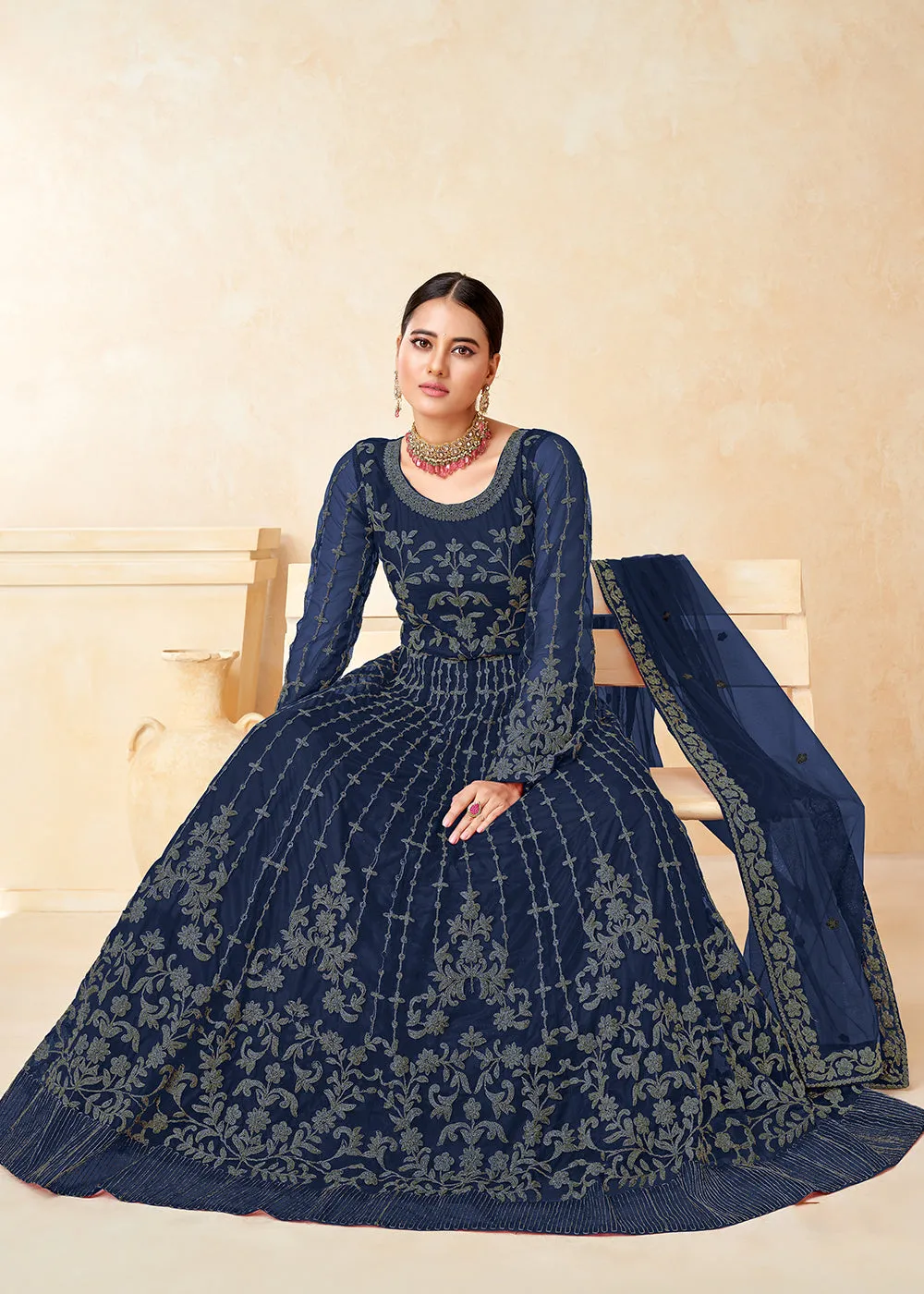 Excellent Dark Blue Net Wedding Wear Anarkali Dress