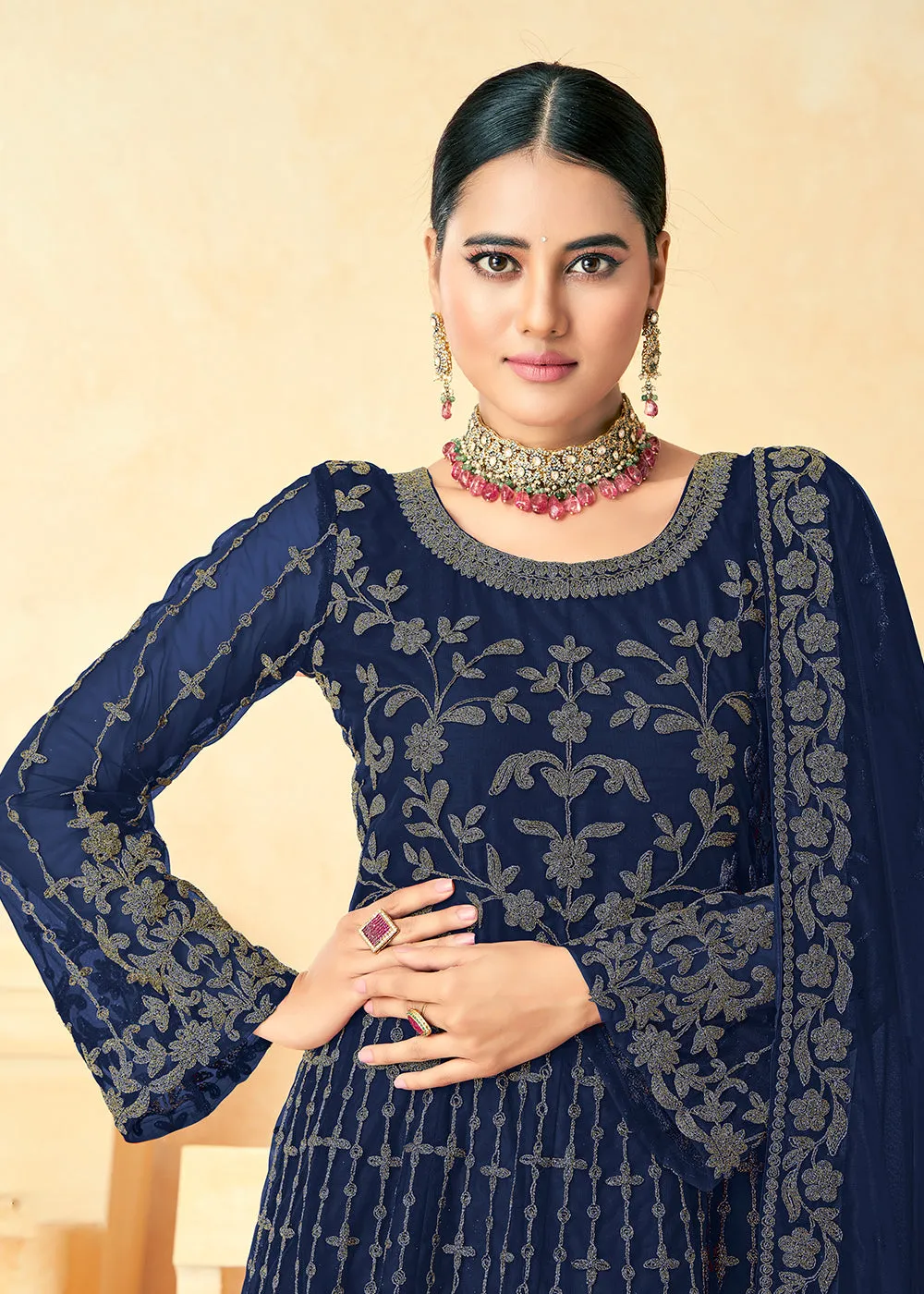 Excellent Dark Blue Net Wedding Wear Anarkali Dress