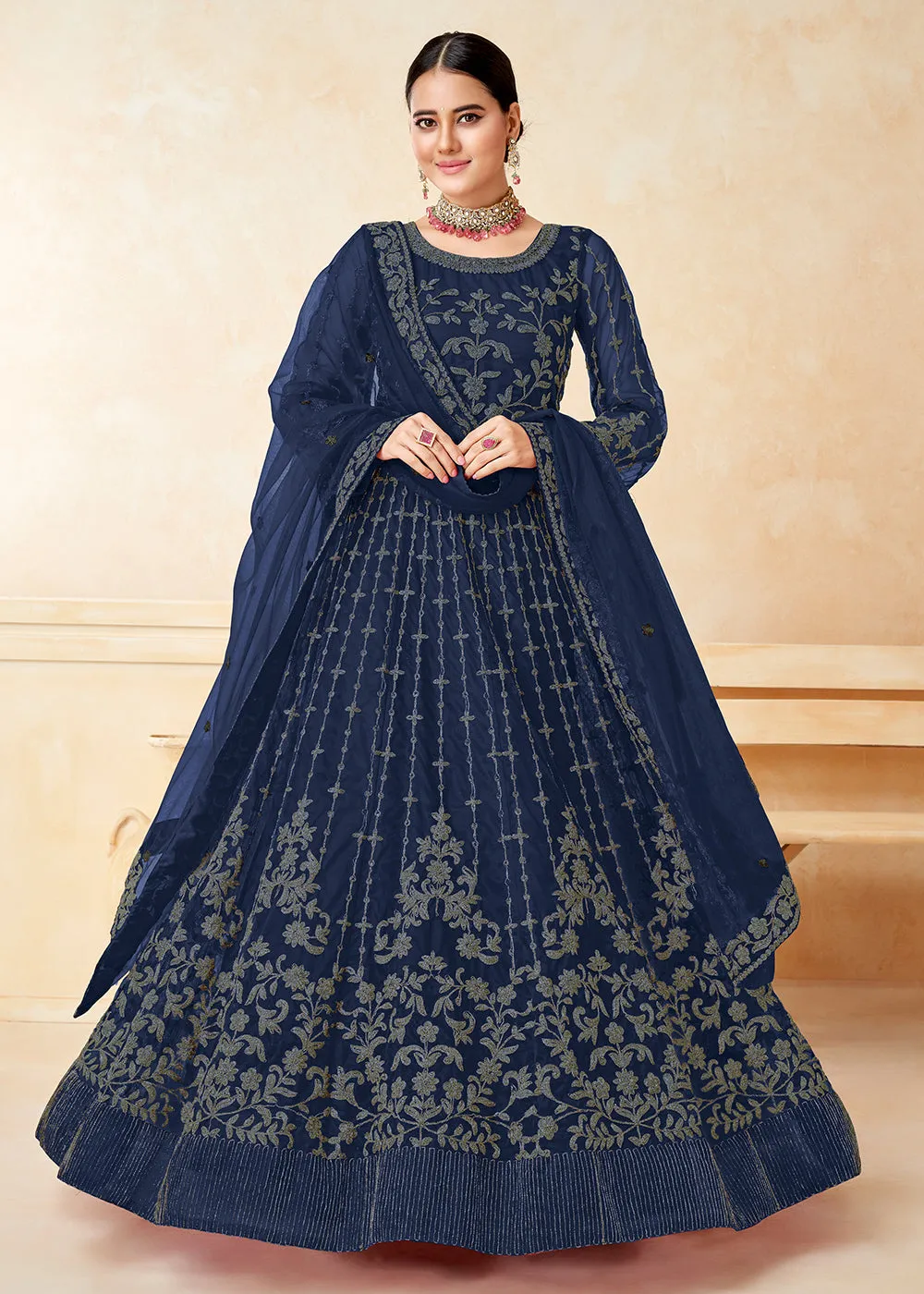 Excellent Dark Blue Net Wedding Wear Anarkali Dress