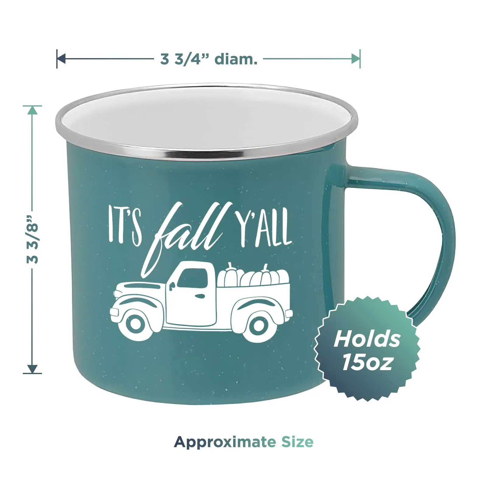 Fall Truck Enamel Camping Coffee Mug "It's Fall Ya'll" Tin Cup 15 Ounce (Turquoise)