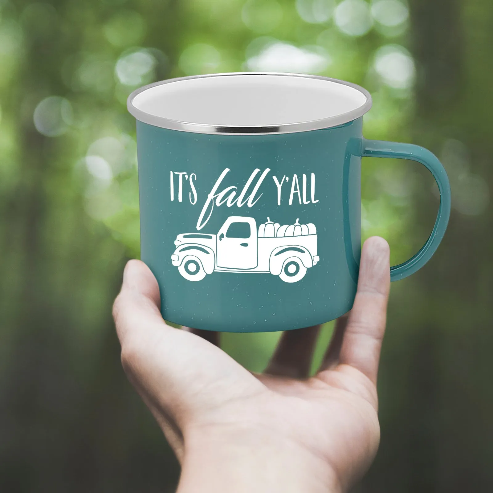 Fall Truck Enamel Camping Coffee Mug "It's Fall Ya'll" Tin Cup 15 Ounce (Turquoise)