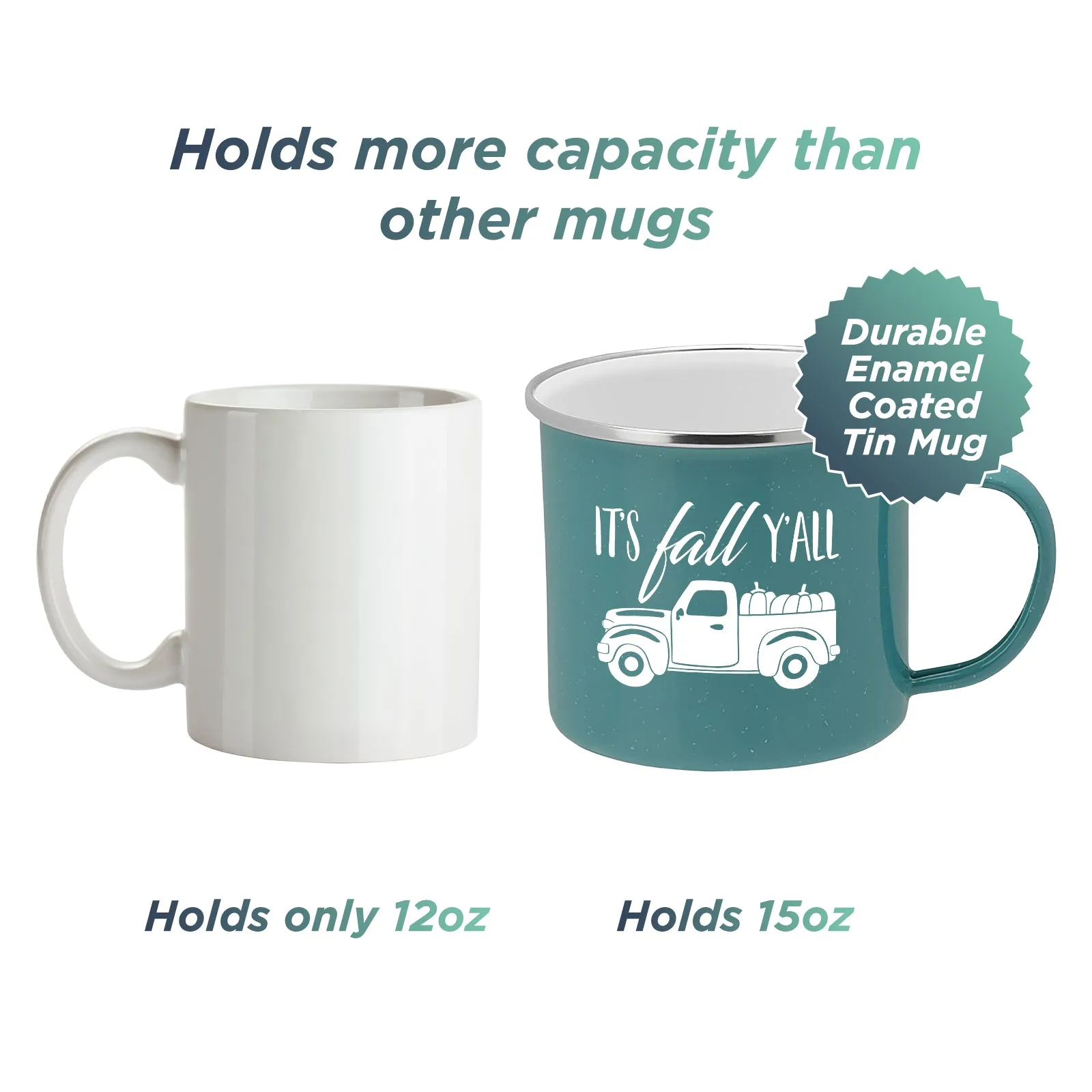 Fall Truck Enamel Camping Coffee Mug "It's Fall Ya'll" Tin Cup 15 Ounce (Turquoise)