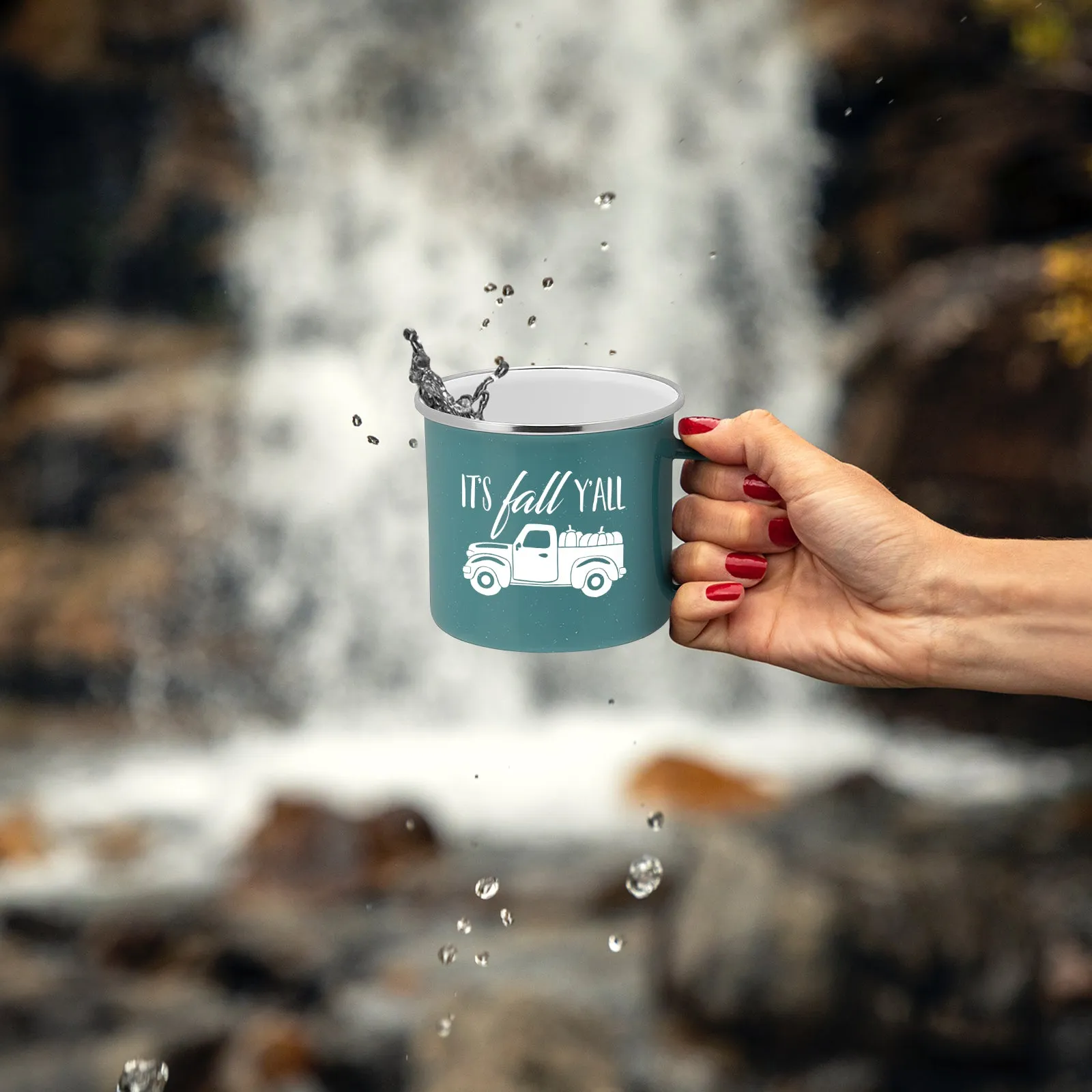 Fall Truck Enamel Camping Coffee Mug "It's Fall Ya'll" Tin Cup 15 Ounce (Turquoise)