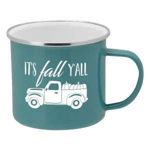 Fall Truck Enamel Camping Coffee Mug "It's Fall Ya'll" Tin Cup 15 Ounce (Turquoise)