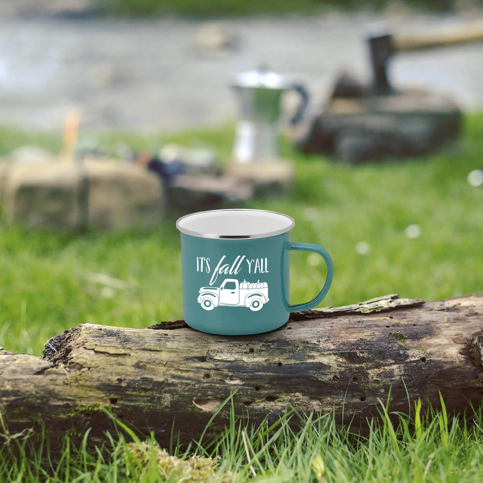 Fall Truck Enamel Camping Coffee Mug "It's Fall Ya'll" Tin Cup 15 Ounce (Turquoise)