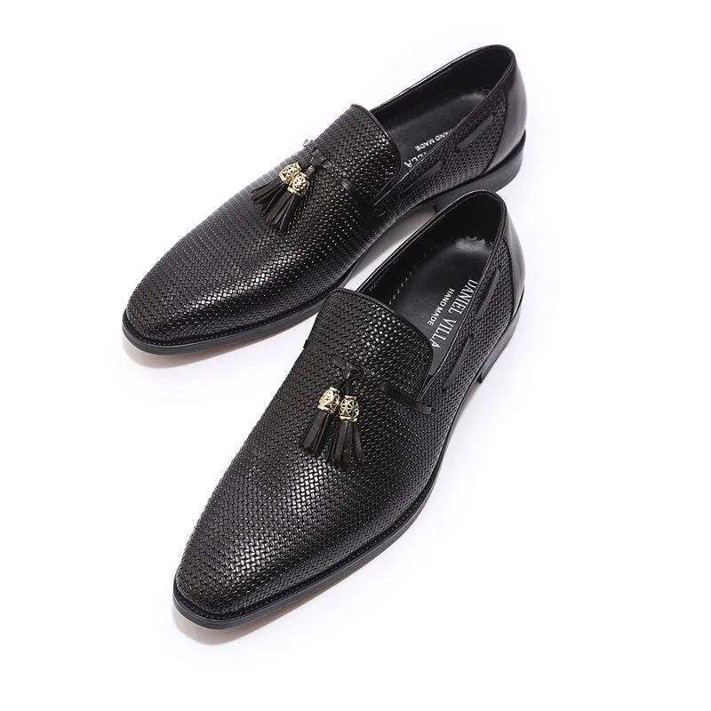 Fashion Classic Mens Tassel Loafer Shoes Genuine Leather Blue Black Slip On Pointed Casual Wedding Party Dress Shoes for Men