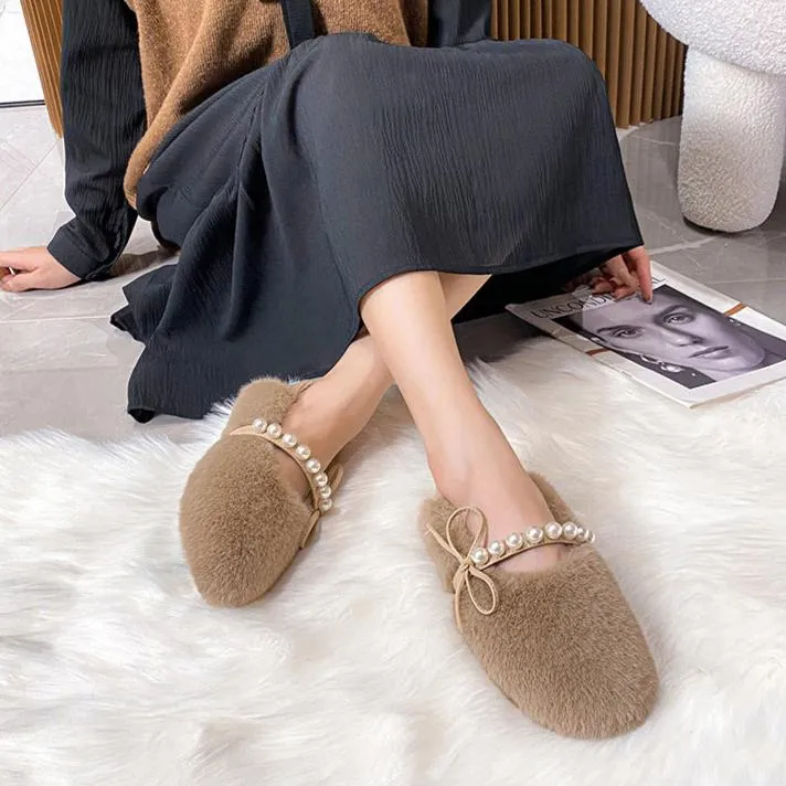 Faux-Fur Loafers Pearl Decoration Mary Jane Bowknot Women's Shoes for Winter