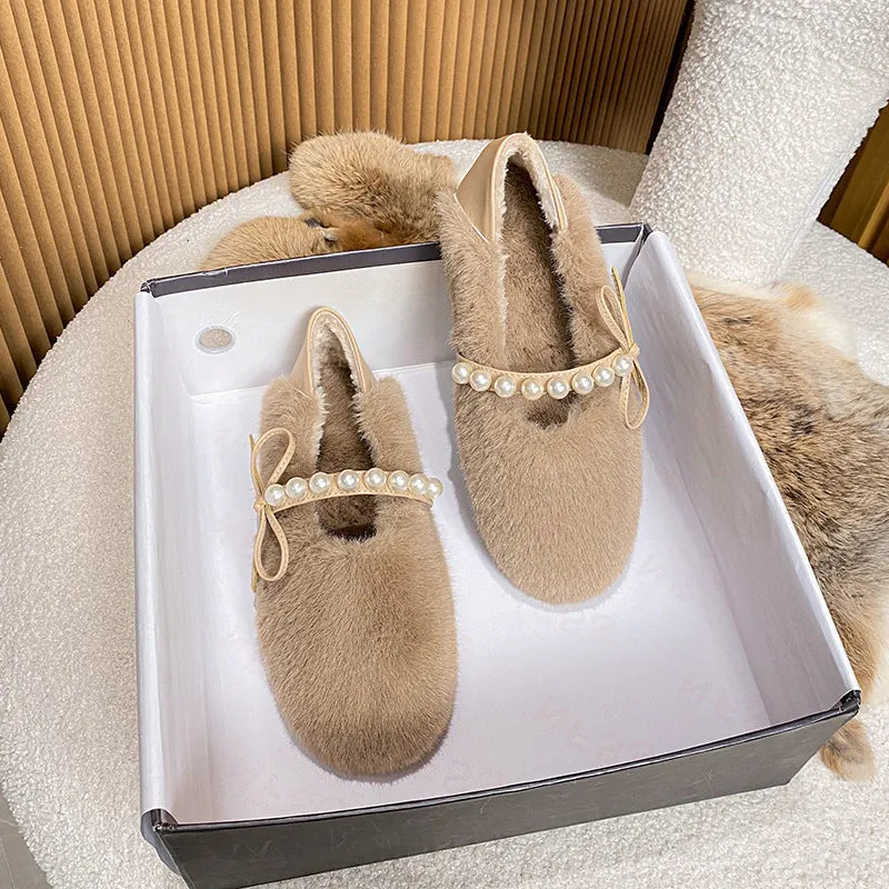 Faux-Fur Loafers Pearl Decoration Mary Jane Bowknot Women's Shoes for Winter