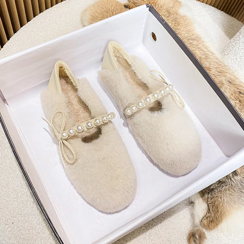 Faux-Fur Loafers Pearl Decoration Mary Jane Bowknot Women's Shoes for Winter