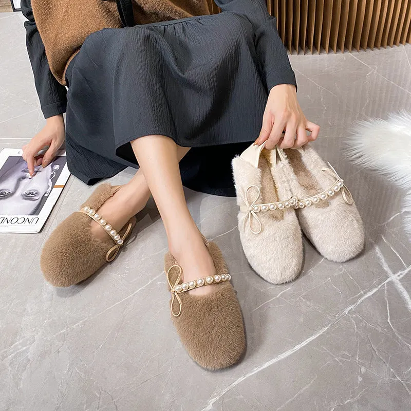 Faux-Fur Loafers Pearl Decoration Mary Jane Bowknot Women's Shoes for Winter