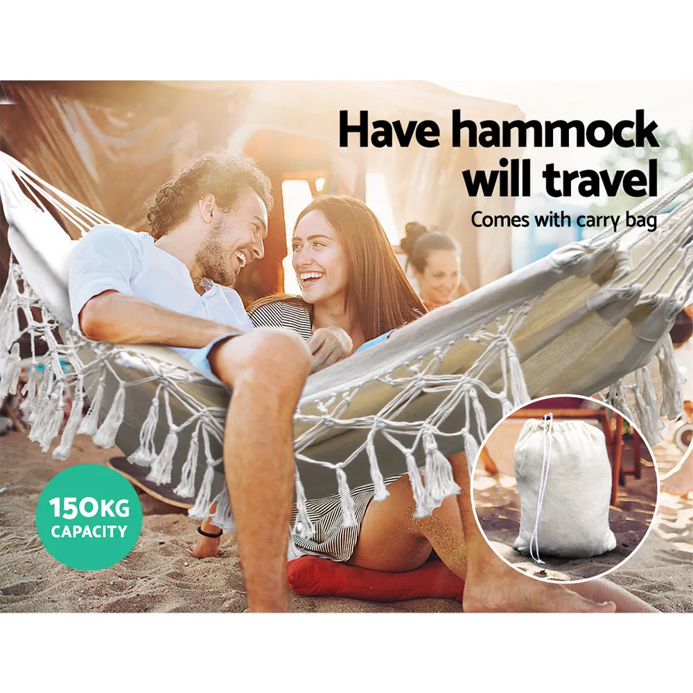 Hanging Hammock Swing Bed Tassel Portable Camping Tree Strap Cream