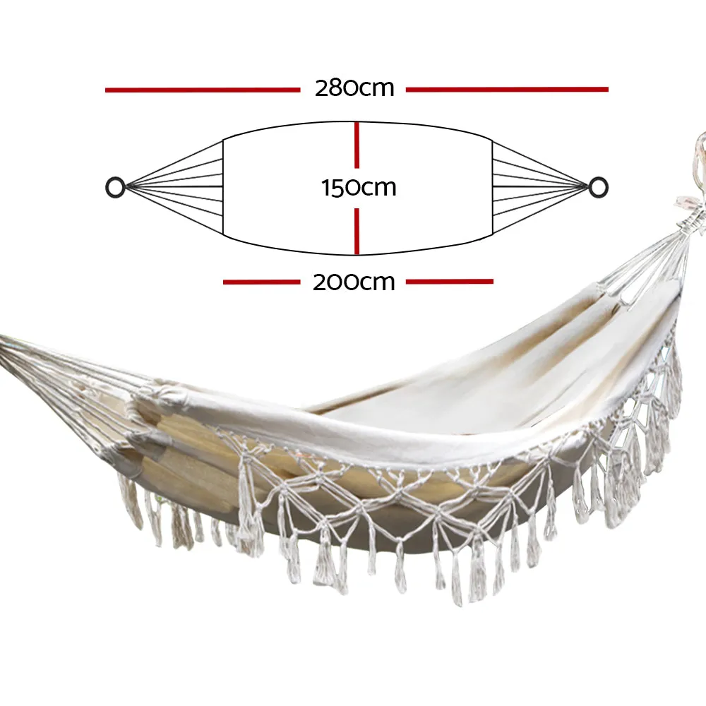 Hanging Hammock Swing Bed Tassel Portable Camping Tree Strap Cream