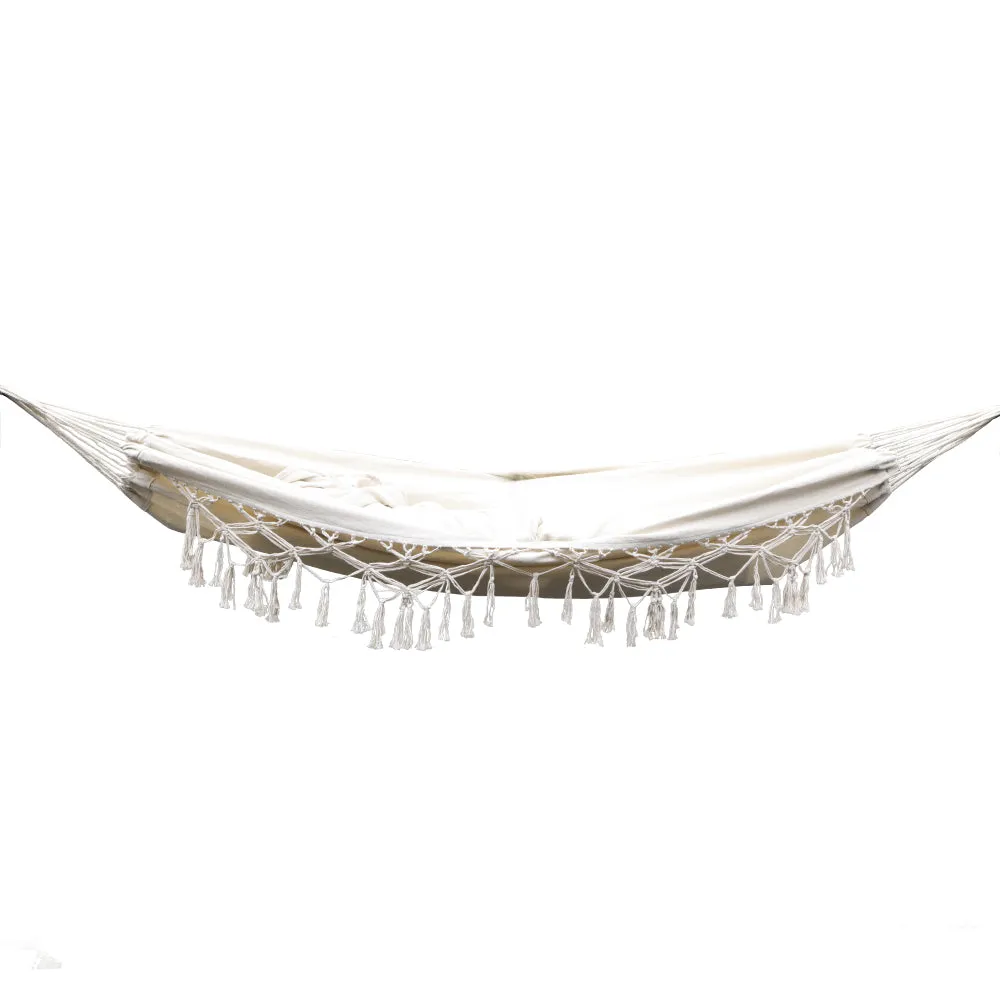 Hanging Hammock Swing Bed Tassel Portable Camping Tree Strap Cream