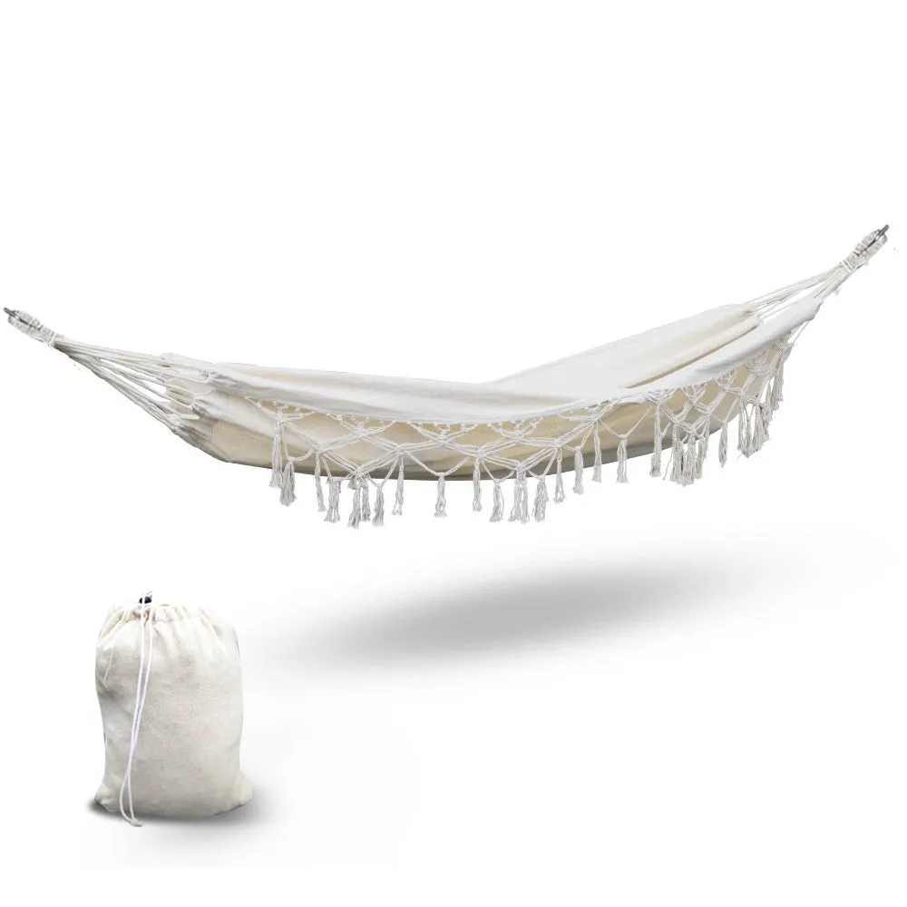 Hanging Hammock Swing Bed Tassel Portable Camping Tree Strap Cream