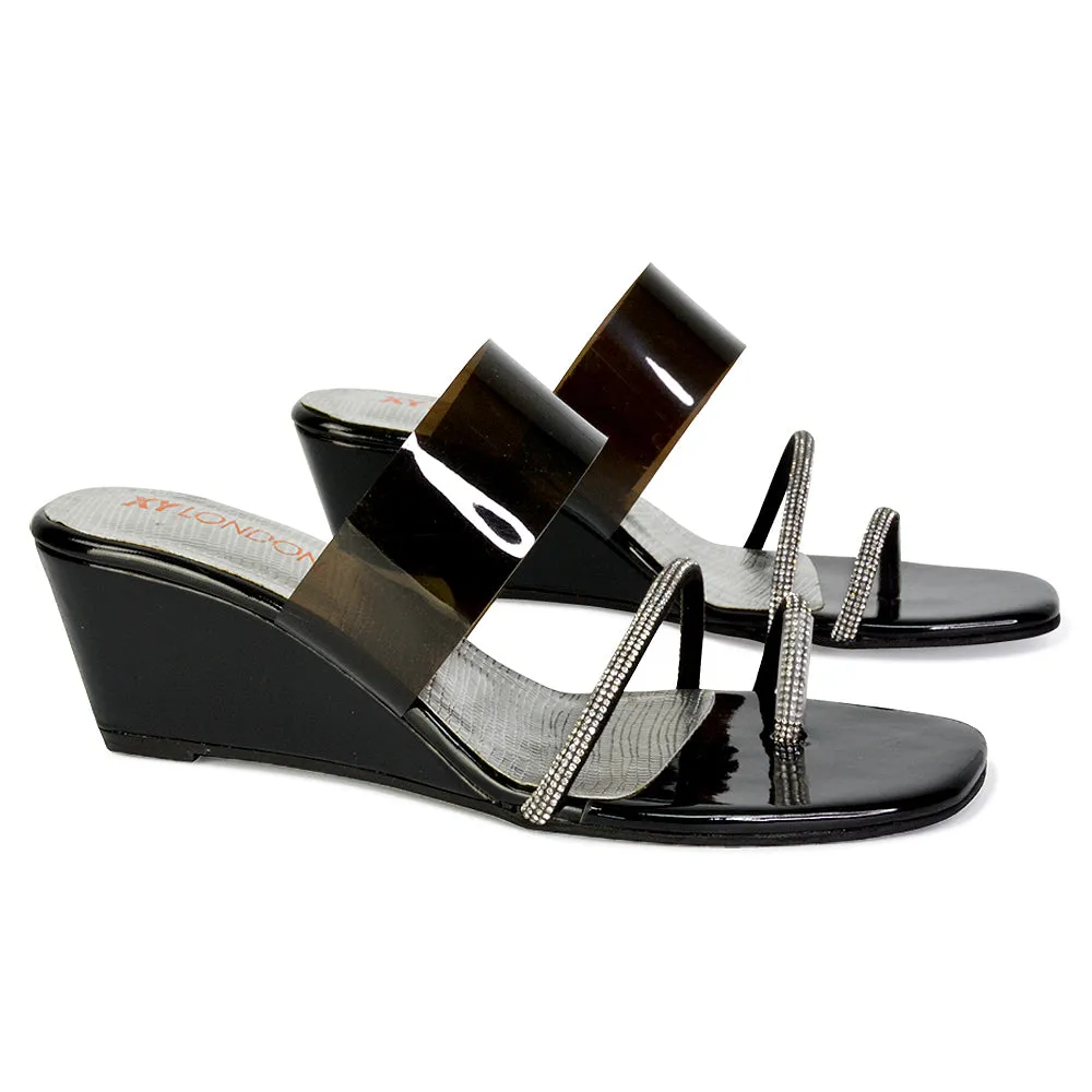 Hayes Perspex Strappy Toe Post Diamante Wedge Heel Sandals in Black