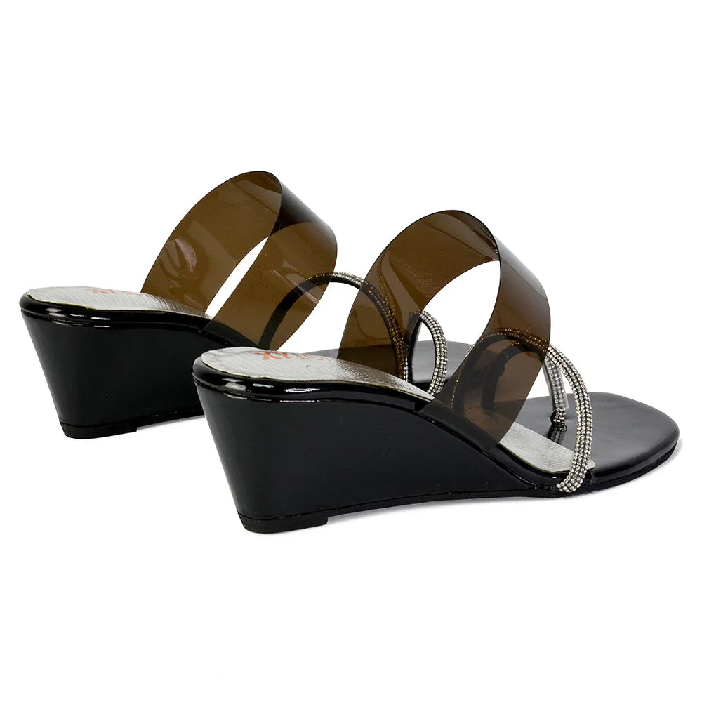 Hayes Perspex Strappy Toe Post Diamante Wedge Heel Sandals in Black