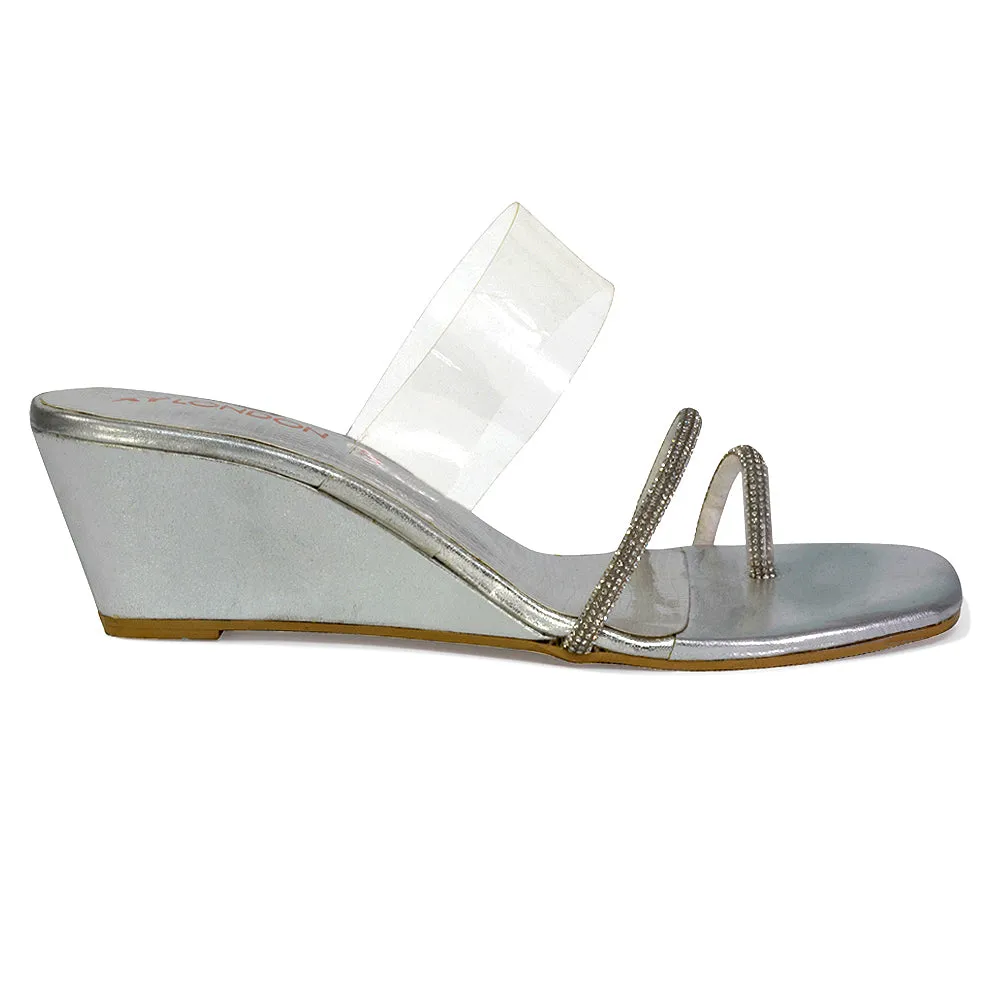 Hayes Perspex Strappy Toe Post Diamante Wedge Heel Sandals in Gold