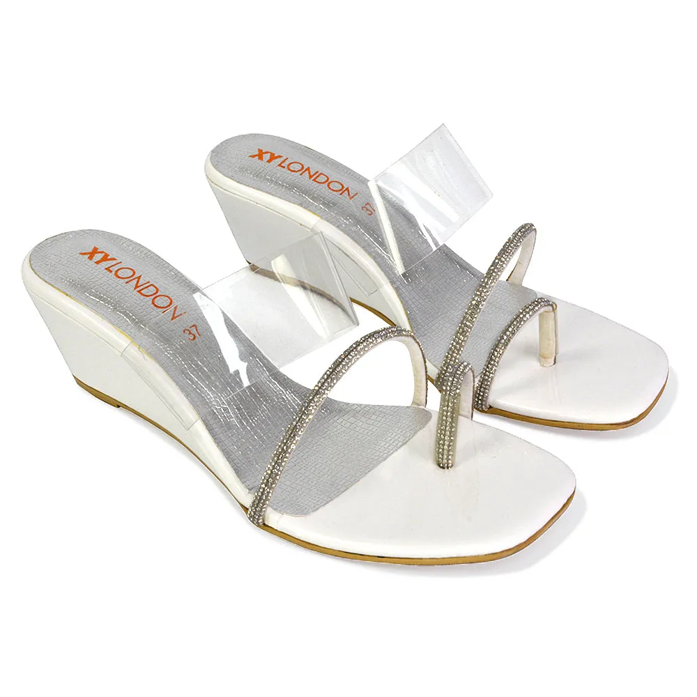 Hayes Perspex Strappy Toe Post Diamante Wedge Heel Sandals in Gold