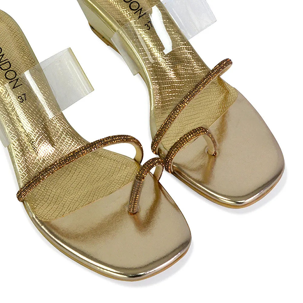 Hayes Perspex Strappy Toe Post Diamante Wedge Heel Sandals in Gold