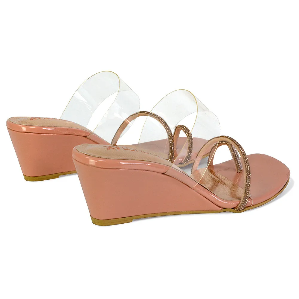 Hayes Perspex Strappy Toe Post Diamante Wedge Heel Sandals in Gold